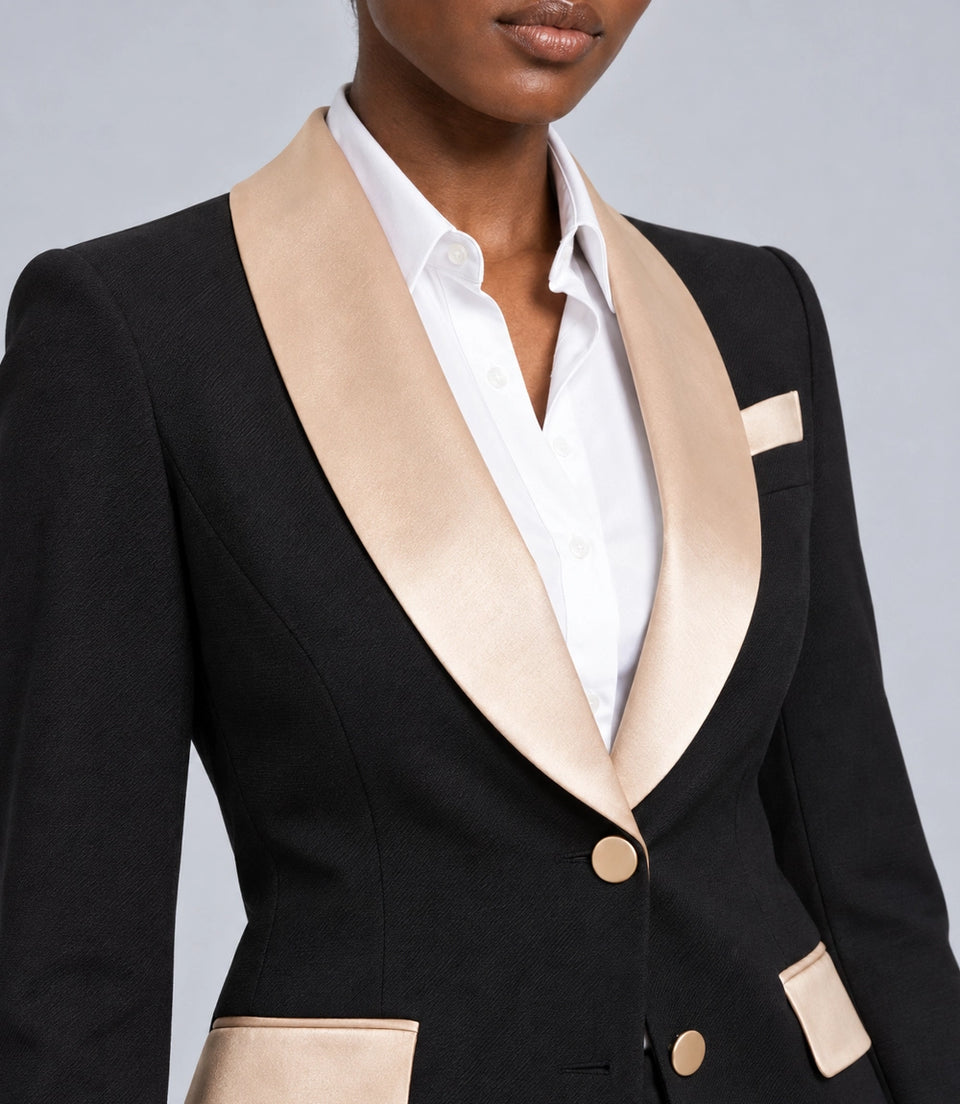 Women's Black Shawl Lapel Tuxedo Closeup  -  Suit Heritage