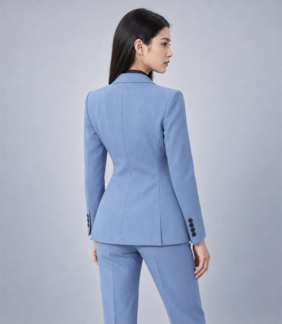 Women's Blue Double Breasted 2 Piece Suit Back - Suit Heritage