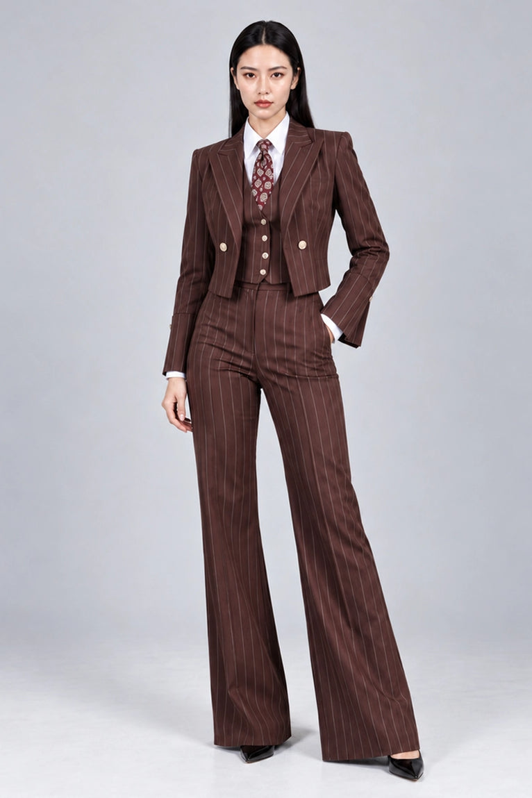 Women's Brown Pinstripe Cropped Suit - Suit Heritage 