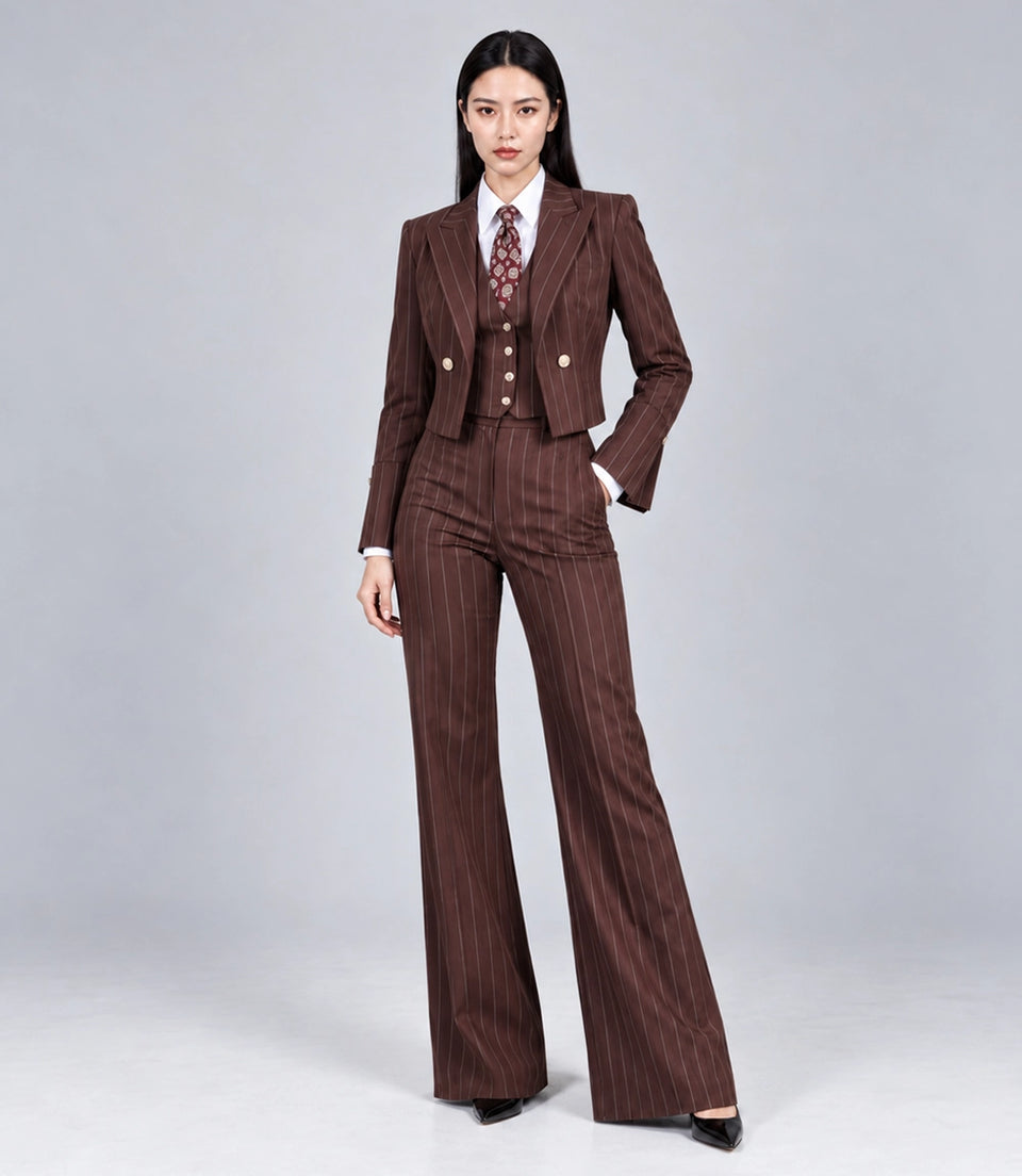 Women's Brown Pinstripe Cropped Suit - Suit Heritage