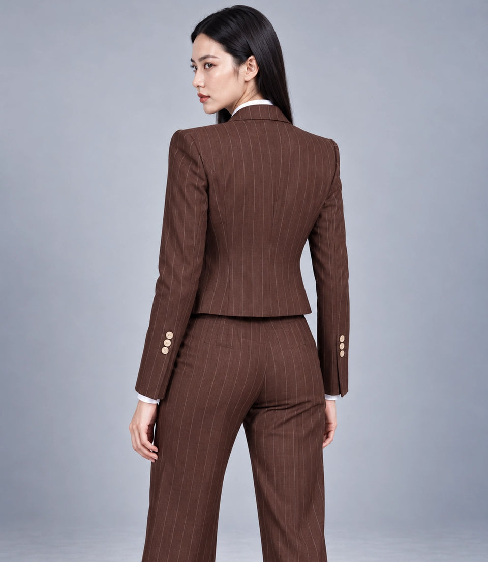 Women's Brown Pinstripe Cropped Suit Back  - Suit Heritage