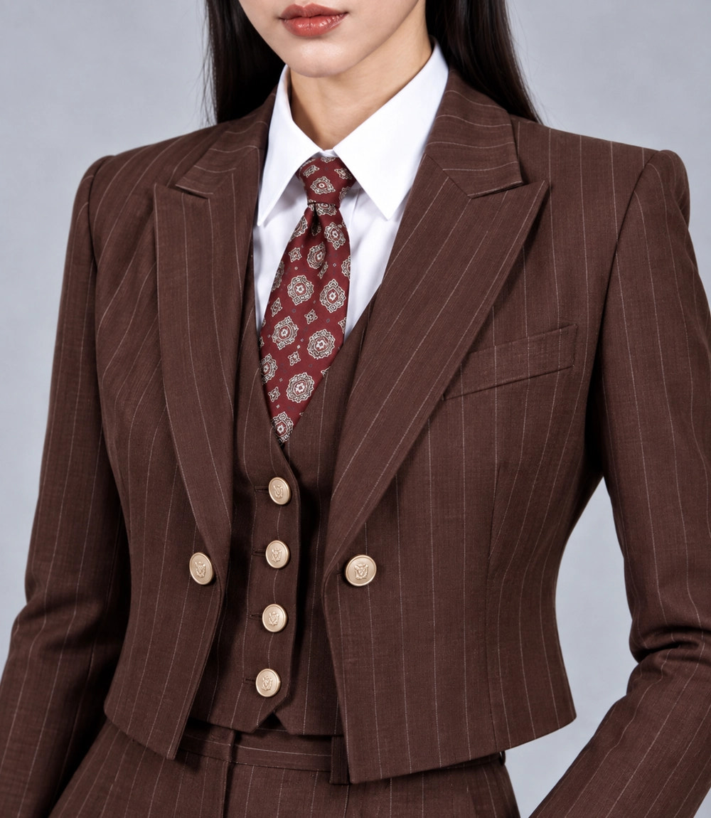 Women's Brown Pinstripe Cropped Suit Closeup - Suit Heritage
