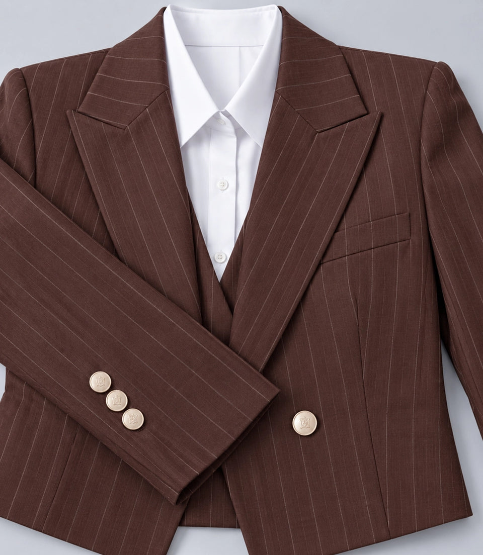 Women's Brown Pinstripe Cropped Suit Fabric  -  Suit Heritage
