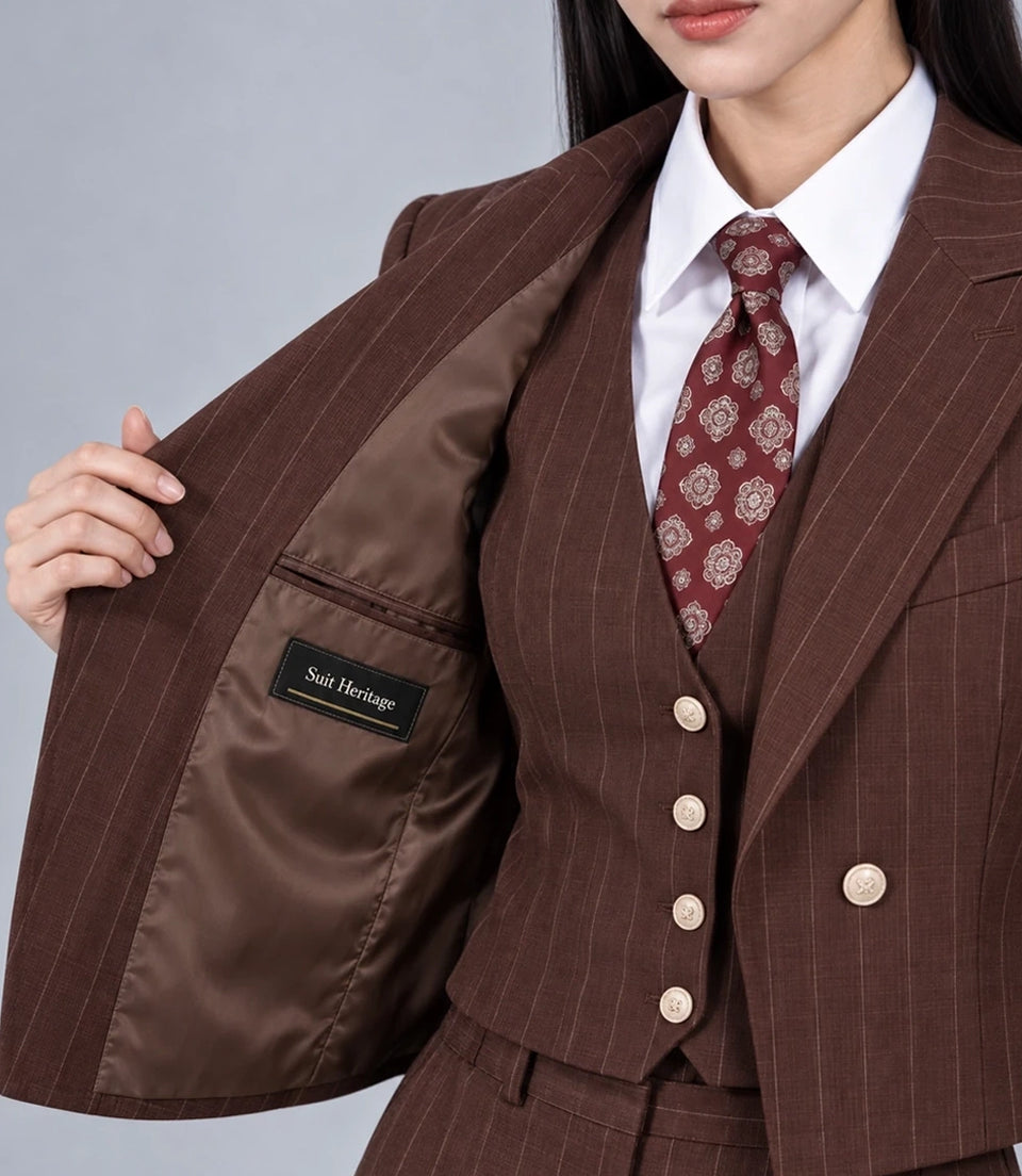 Women's Brown Pinstripe Cropped Suit Inner  -  Suit Heritage