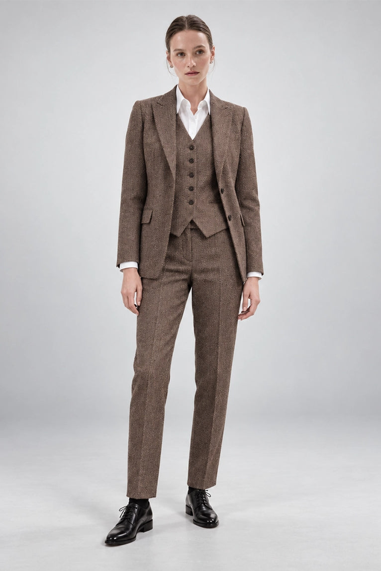 Women's Brown Tweed Herringbone 3 Piece Suit - Suit Heritage