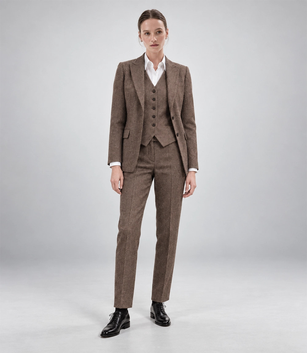 Women's Brown Tweed Herringbone 3 Piece Suit - Suit Heritage
