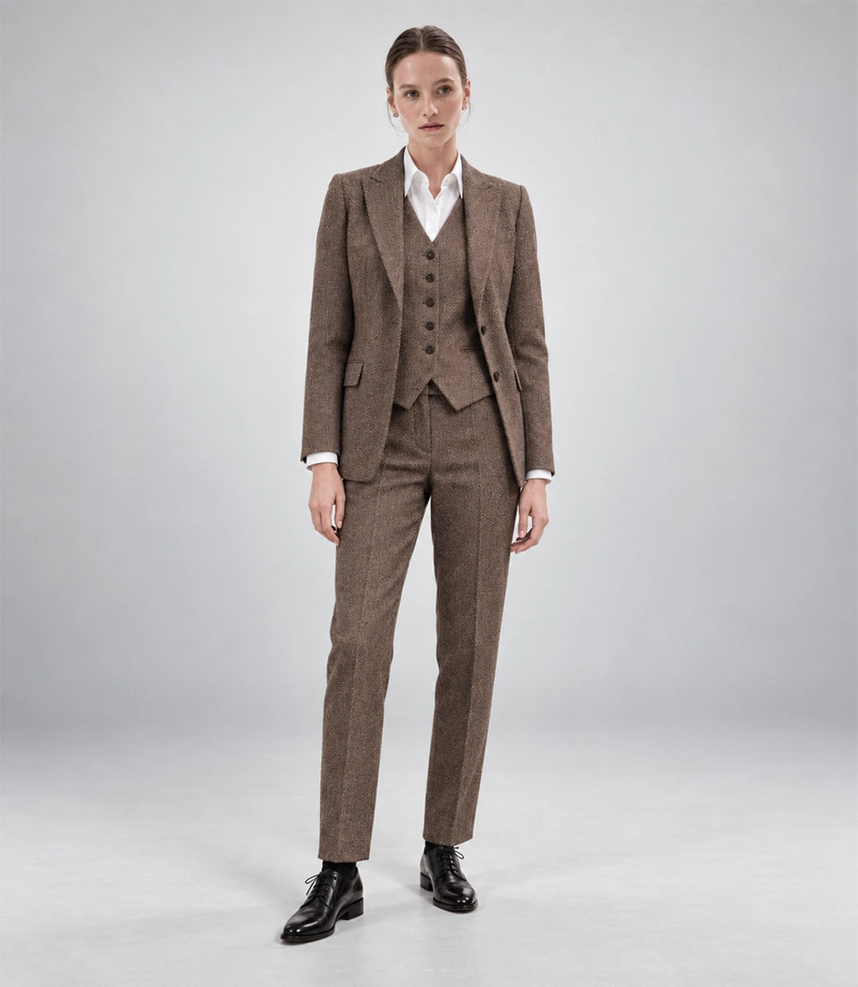 Women's Brown Tweed Herringbone 3 Piece Suit - Suit Heritage