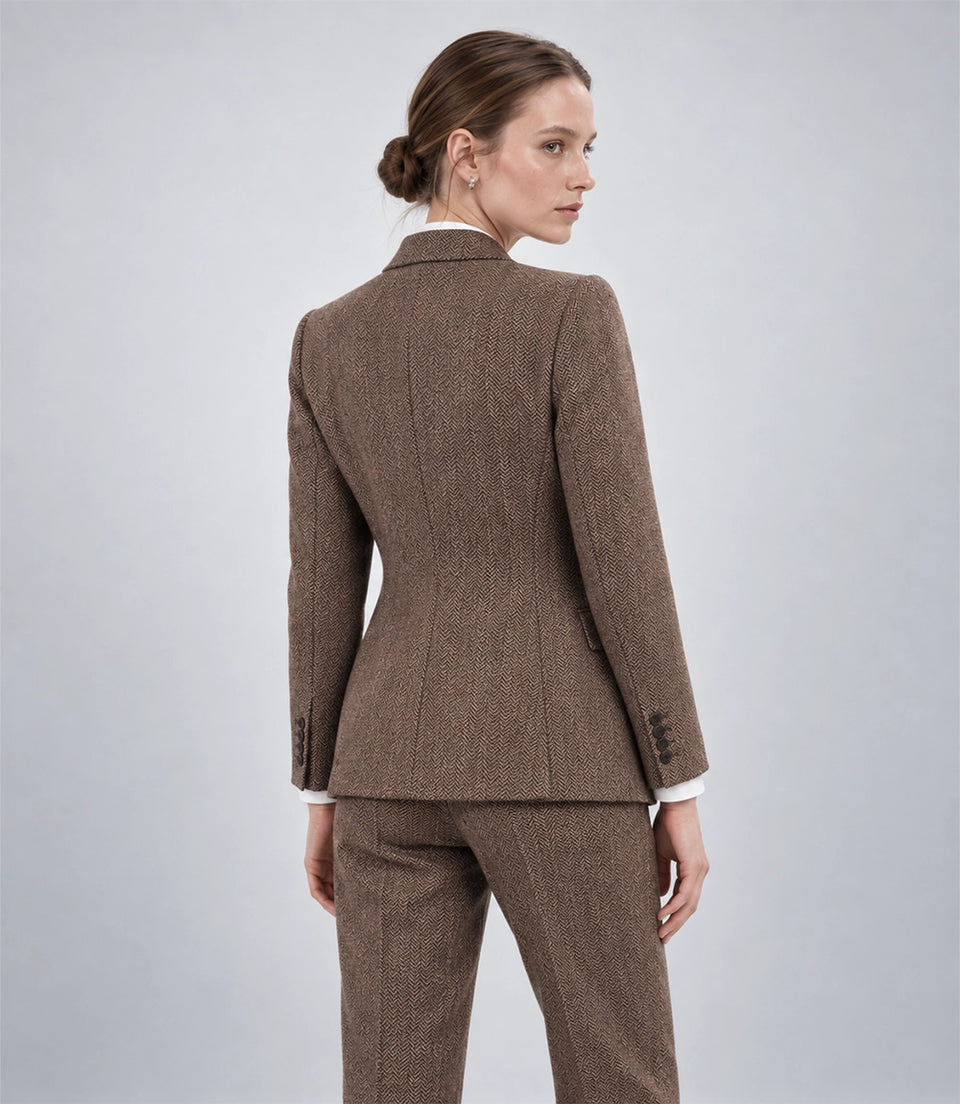 Women's Brown Tweed Herringbone 3 Piece Suit Back - Suit Heritage