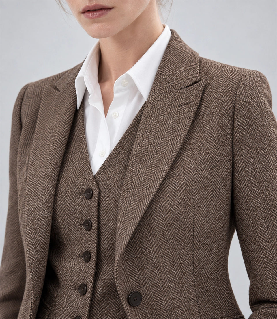 Women's Brown Tweed Herringbone 3 Piece Suit Closeup - Suit Heritage