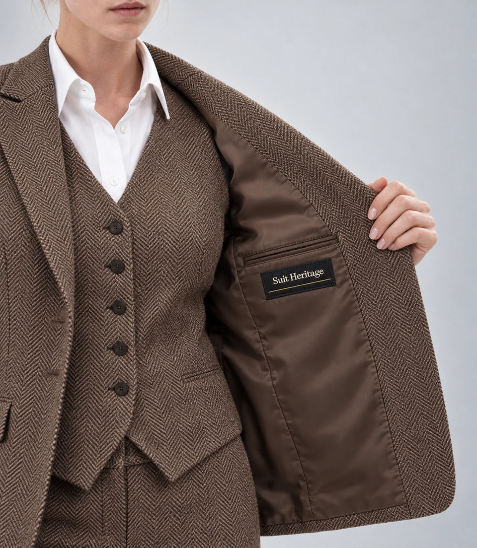 Women's Brown Tweed Herringbone 3 Piece Suit Inner - Suit Heritage