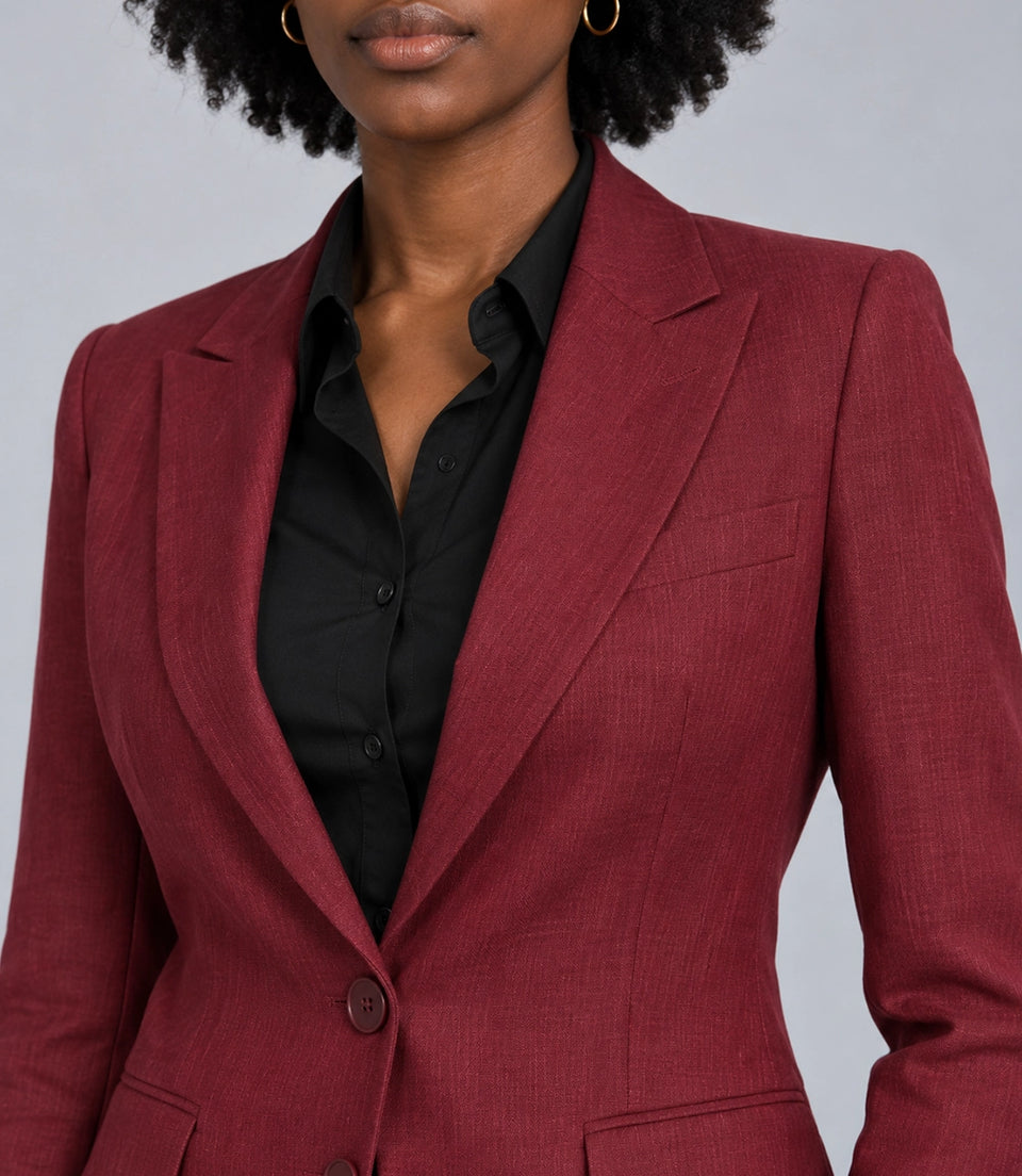Women's Burgundy Linen 2 Piece Suit Closeup - Suit Heritage