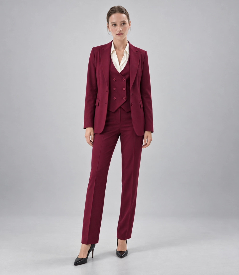 Women's  Burgundy Solid 3 Piece Suit -  Suit Heritage