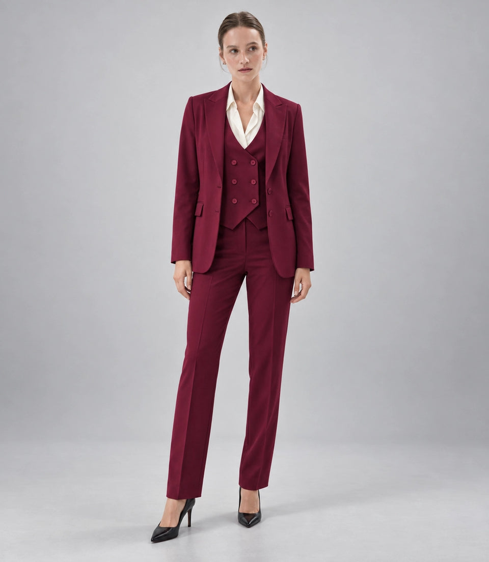Women's  Burgundy Solid 3 Piece Suit -  Suit Heritage