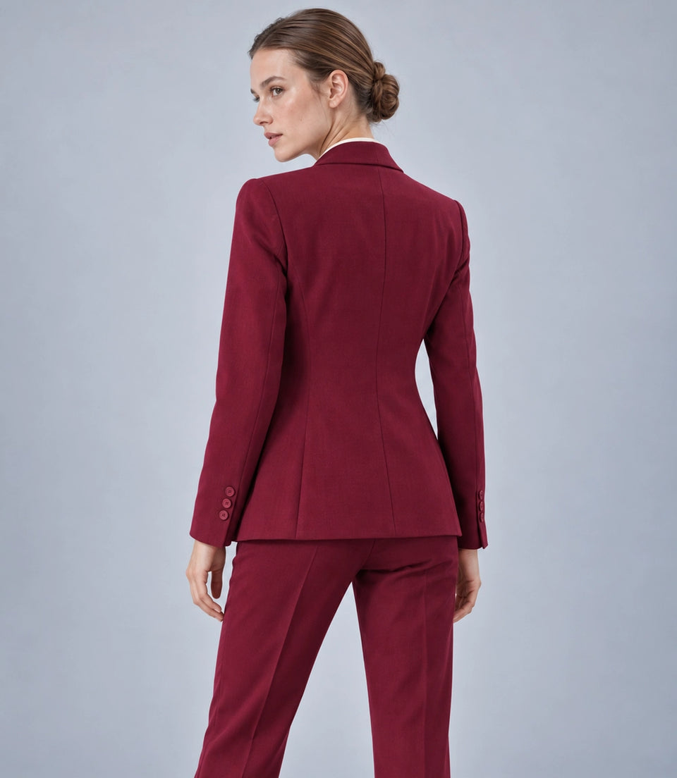 Women's  Burgundy Solid 3 Piece Suit Back  -  Suit Heritage