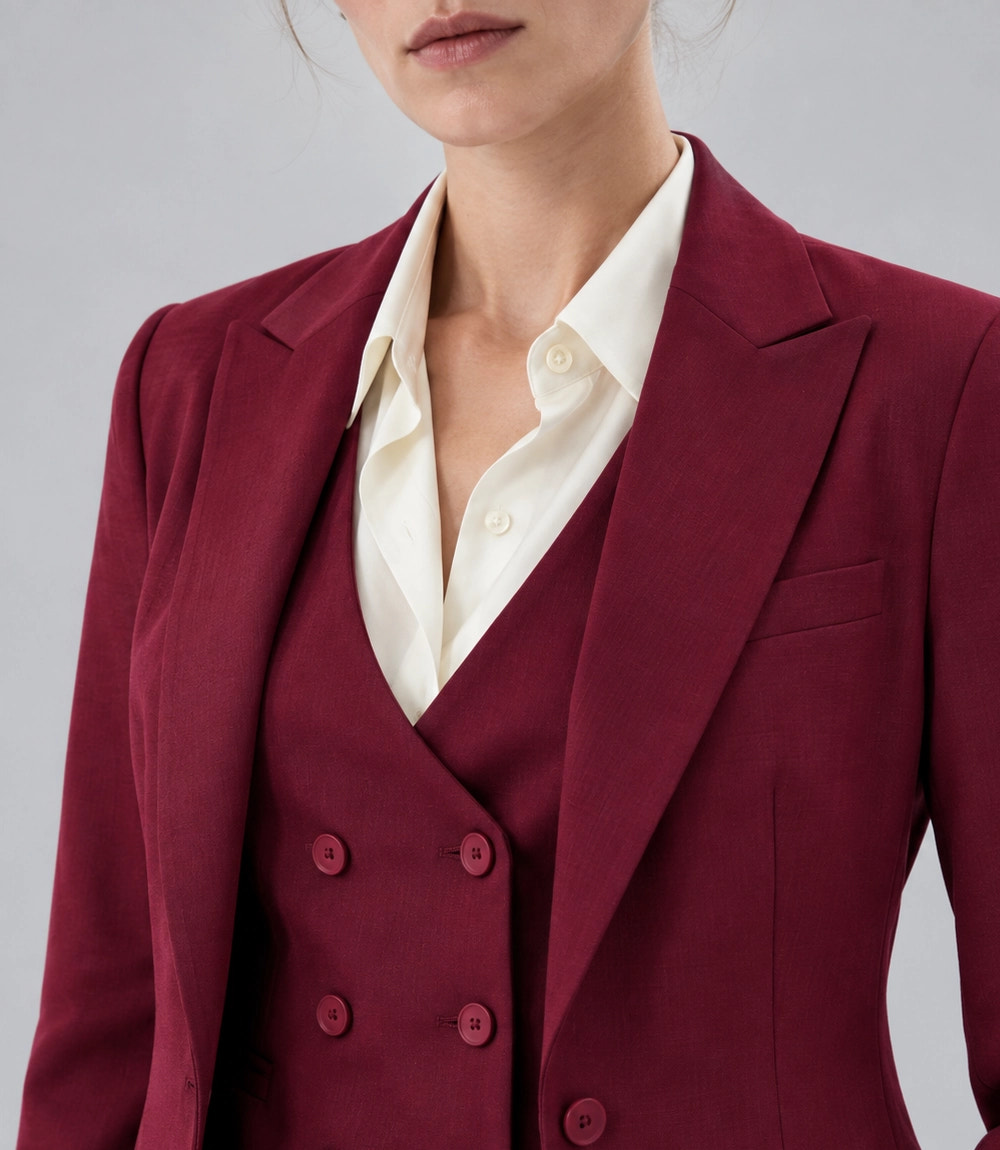 Women's  Burgundy Solid 3 Piece Suit Closeup  -  Suit Heritage