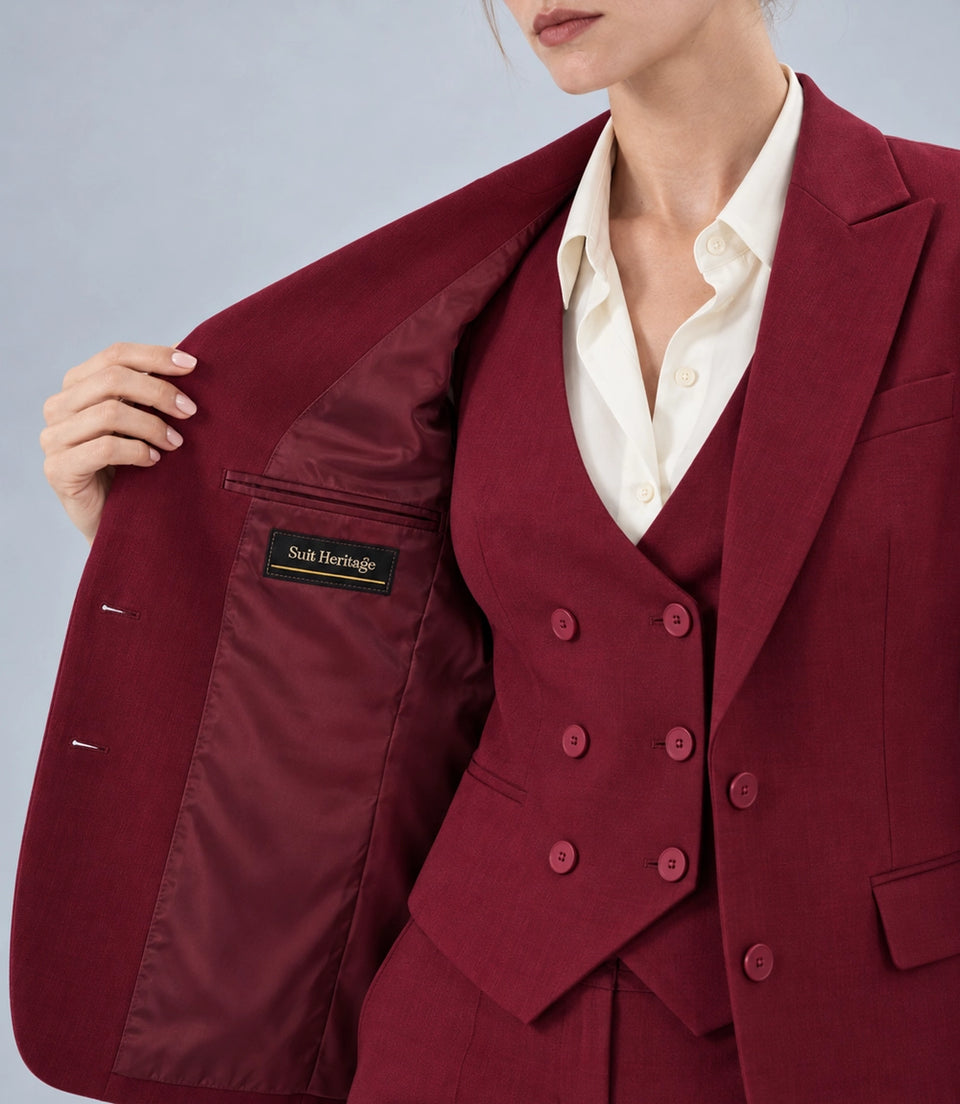 Women's Burgundy Solid 3 Piece Suit Inner  -  Suit Heritage