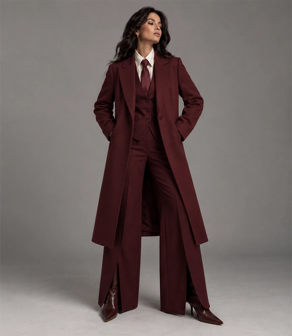 Women's Burgundy Wool Blend 3 Piece Suit - Suit Heritage