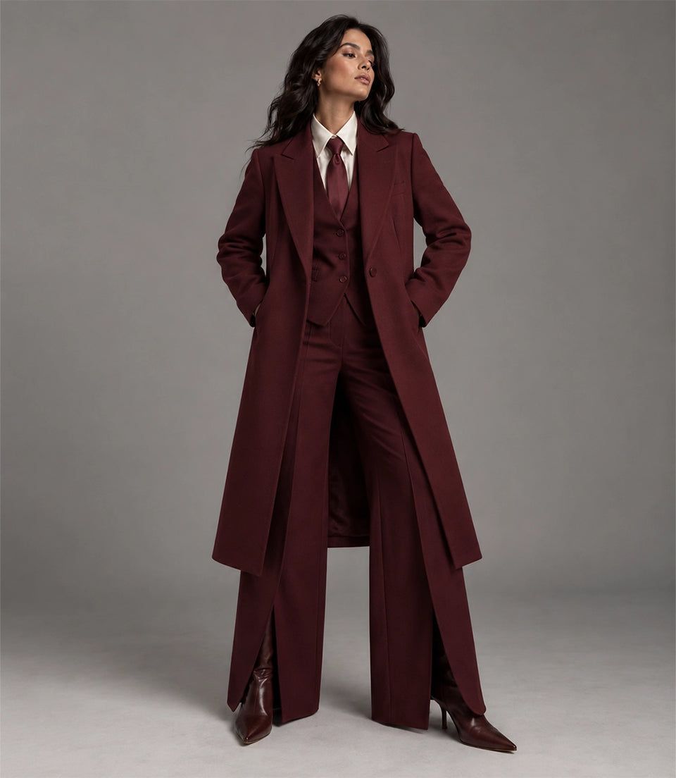 Women's Burgundy Wool Blend 3 Piece Suit - Suit Heritage