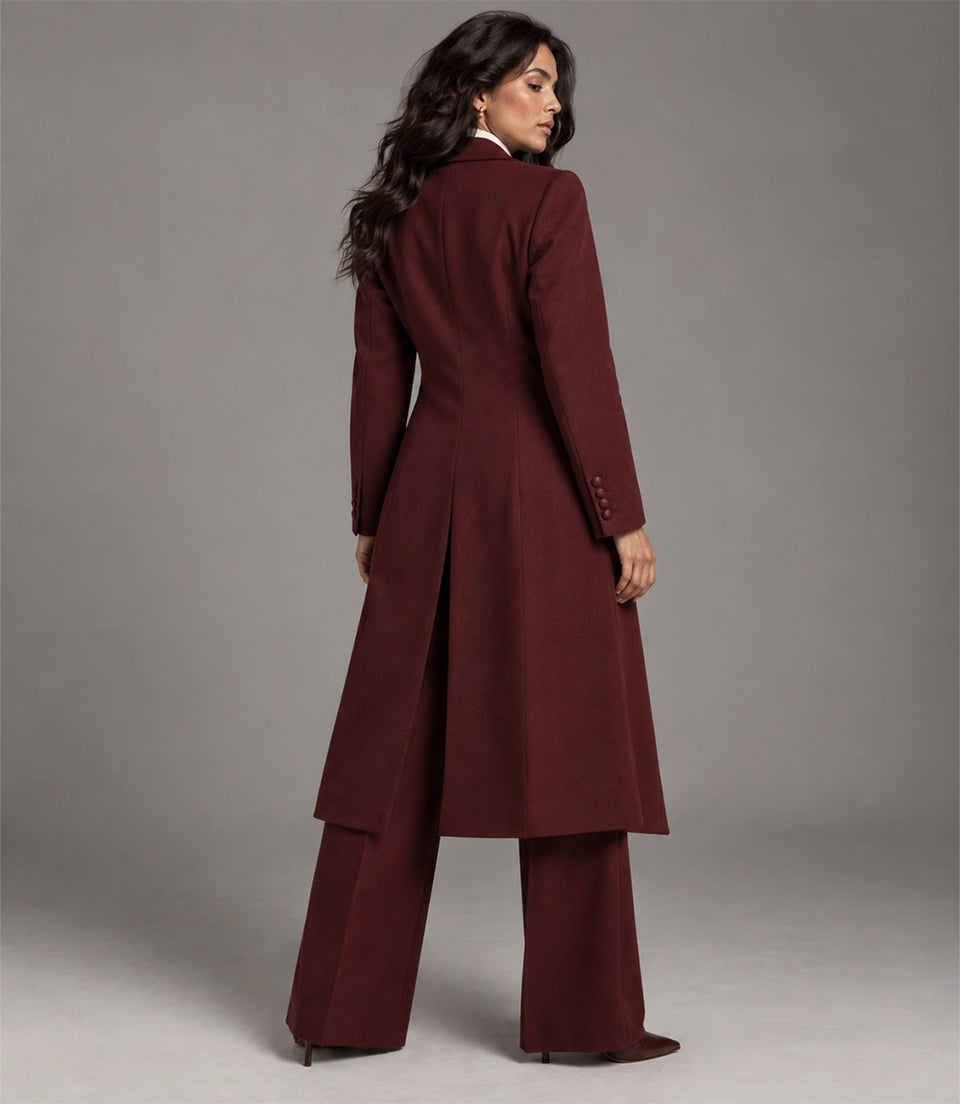 Women's Burgundy Wool Blend 3 Piece Suit Back - Suit Heritage