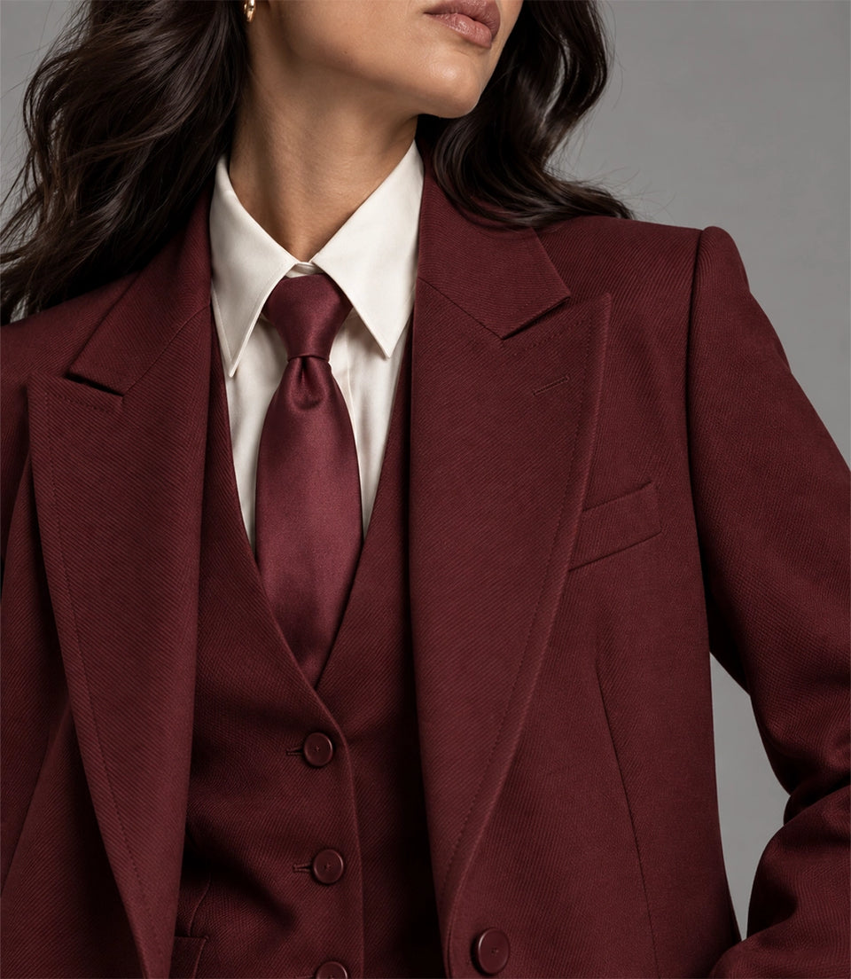 Women's Burgundy Wool Blend 3 Piece Suit Closeup - Suit Heritage