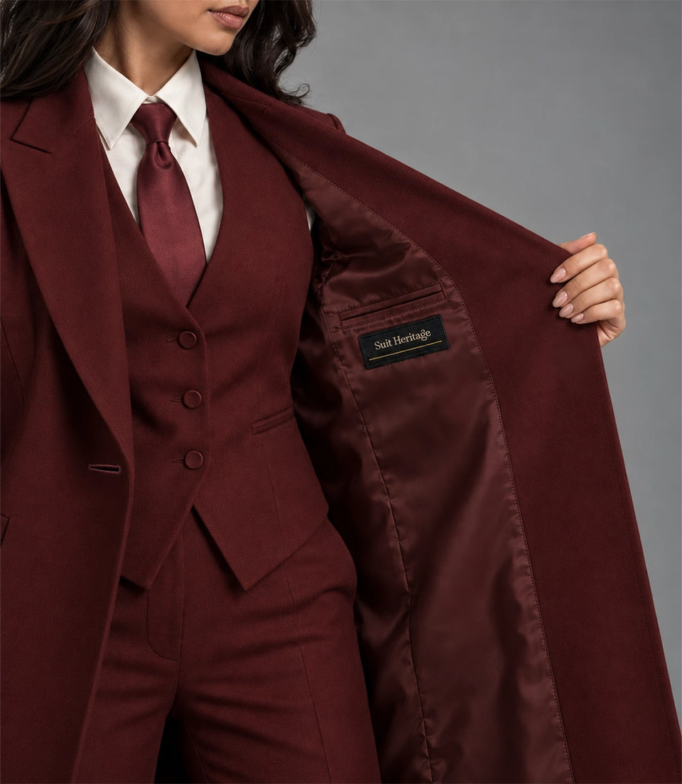 Women's Burgundy Wool Blend 3 Piece Suit Inner - Suit Heritage