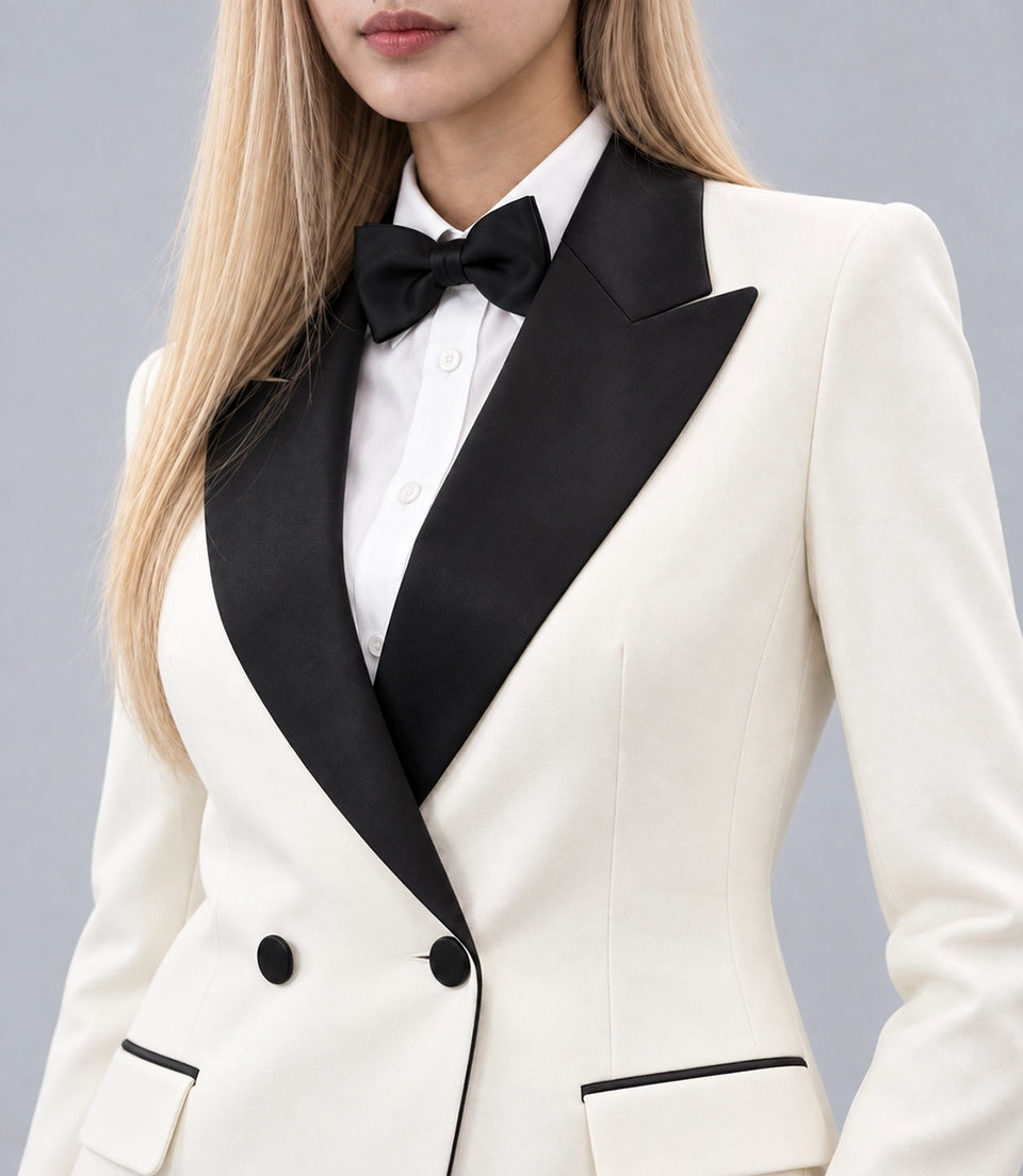 Women's Contrast Wide Lapel Tuxedo Closeup -  Suit Heritage