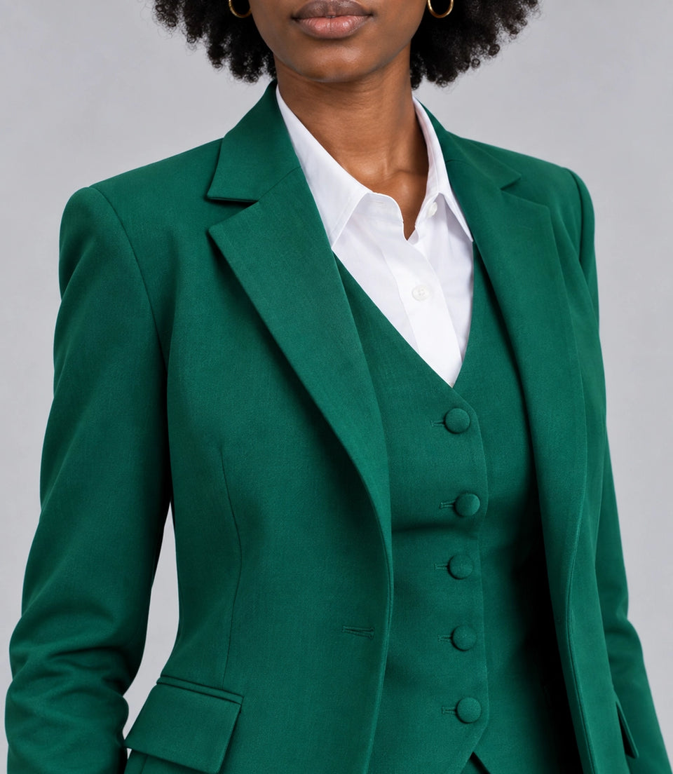 Women's Green Solid 3 Piece Suit Closeup  -  Suit Heritage