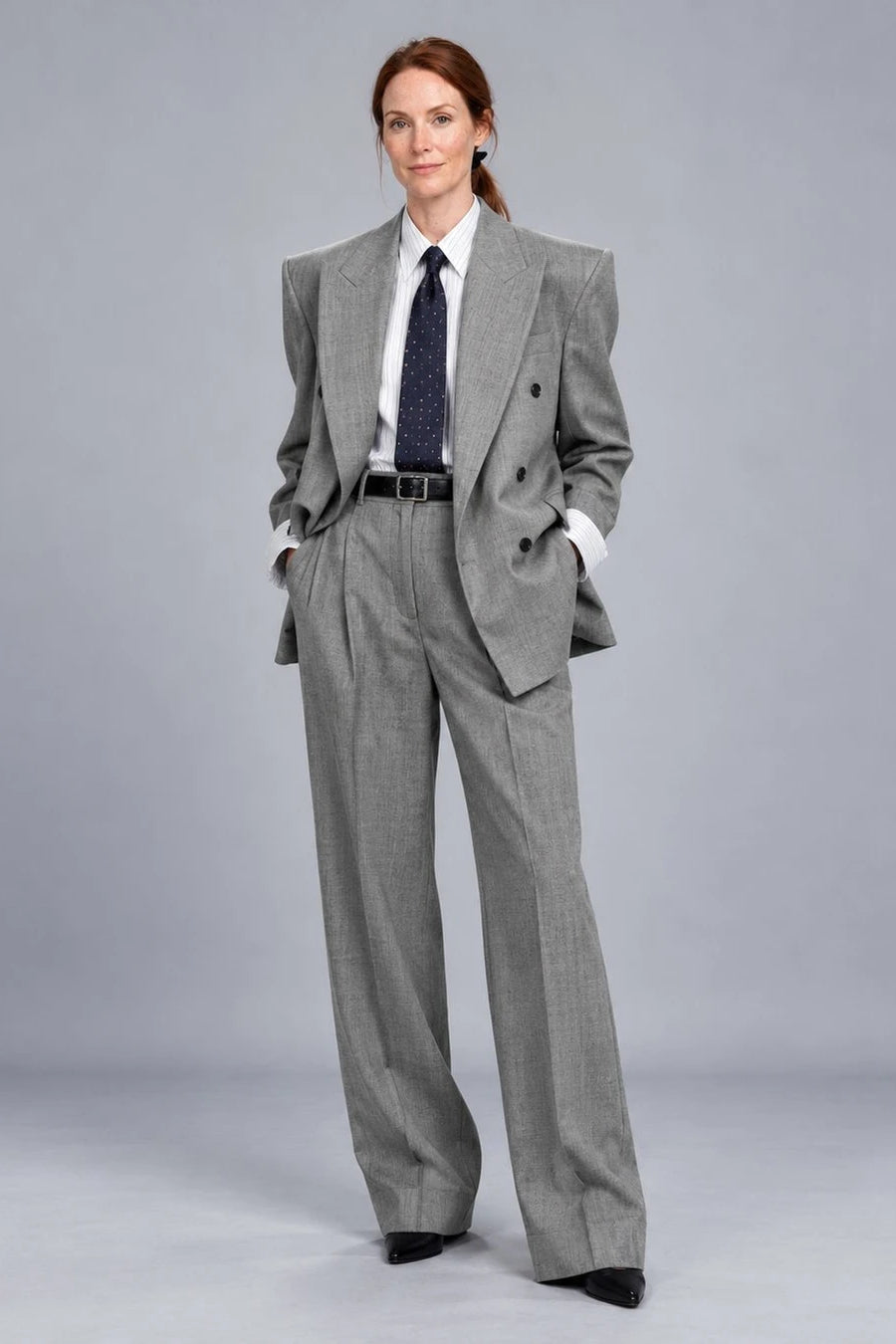 Women's Grey Double breasted Wide Leg Suit -  Suit Heritage