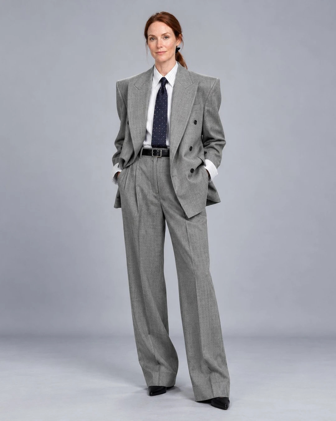 Women's Grey Double breasted Wide Leg Suit -  Suit Heritage