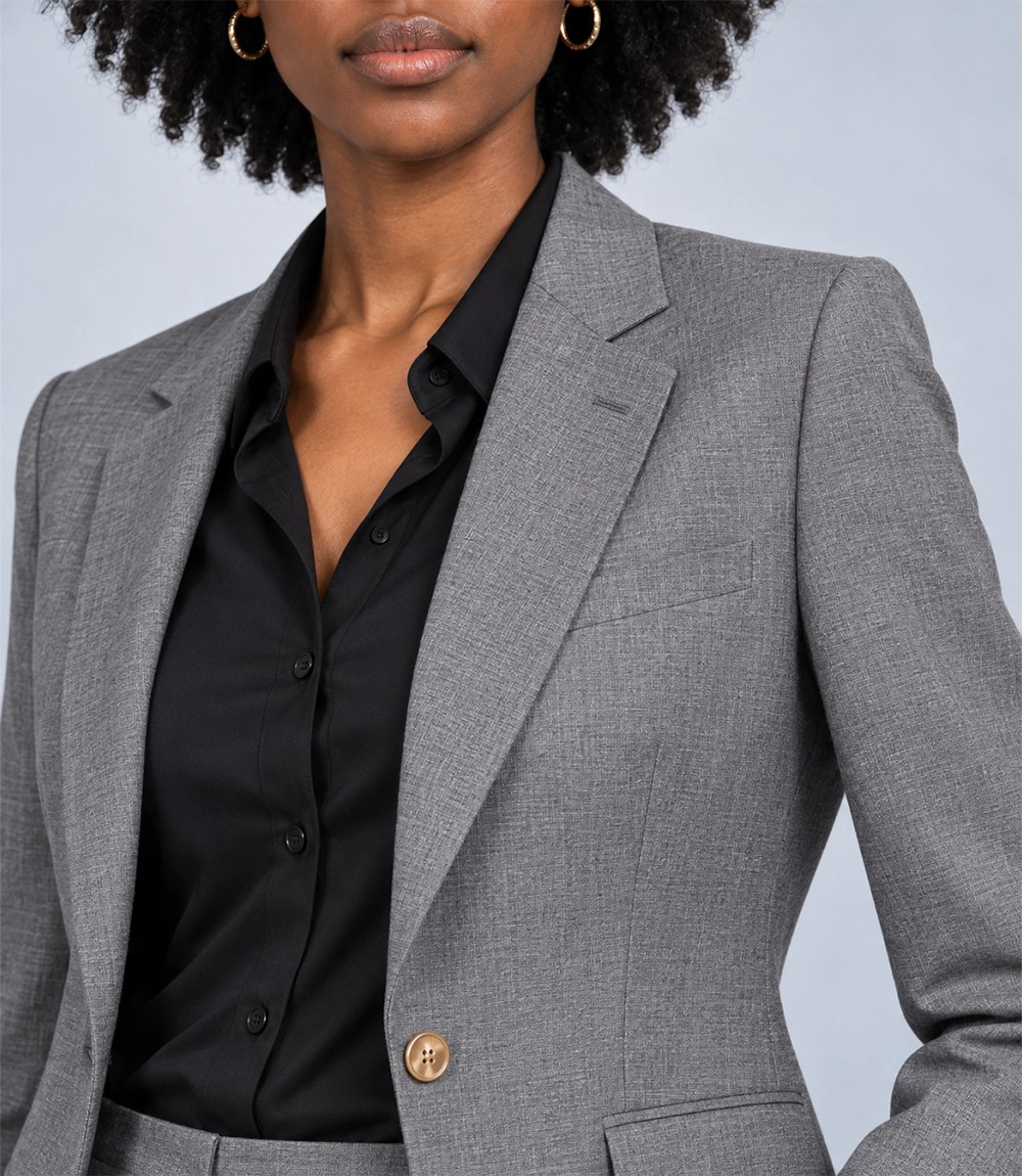 Women's Grey Wool Blend 2 Piece Suit Closeup - Suit Heritage