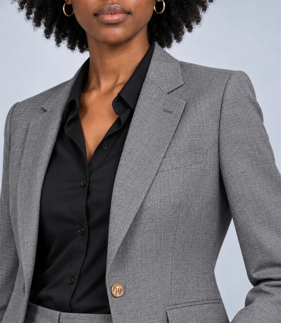 Women's Grey Wool Blend 2 Piece Suit Closeup - Suit Heritage