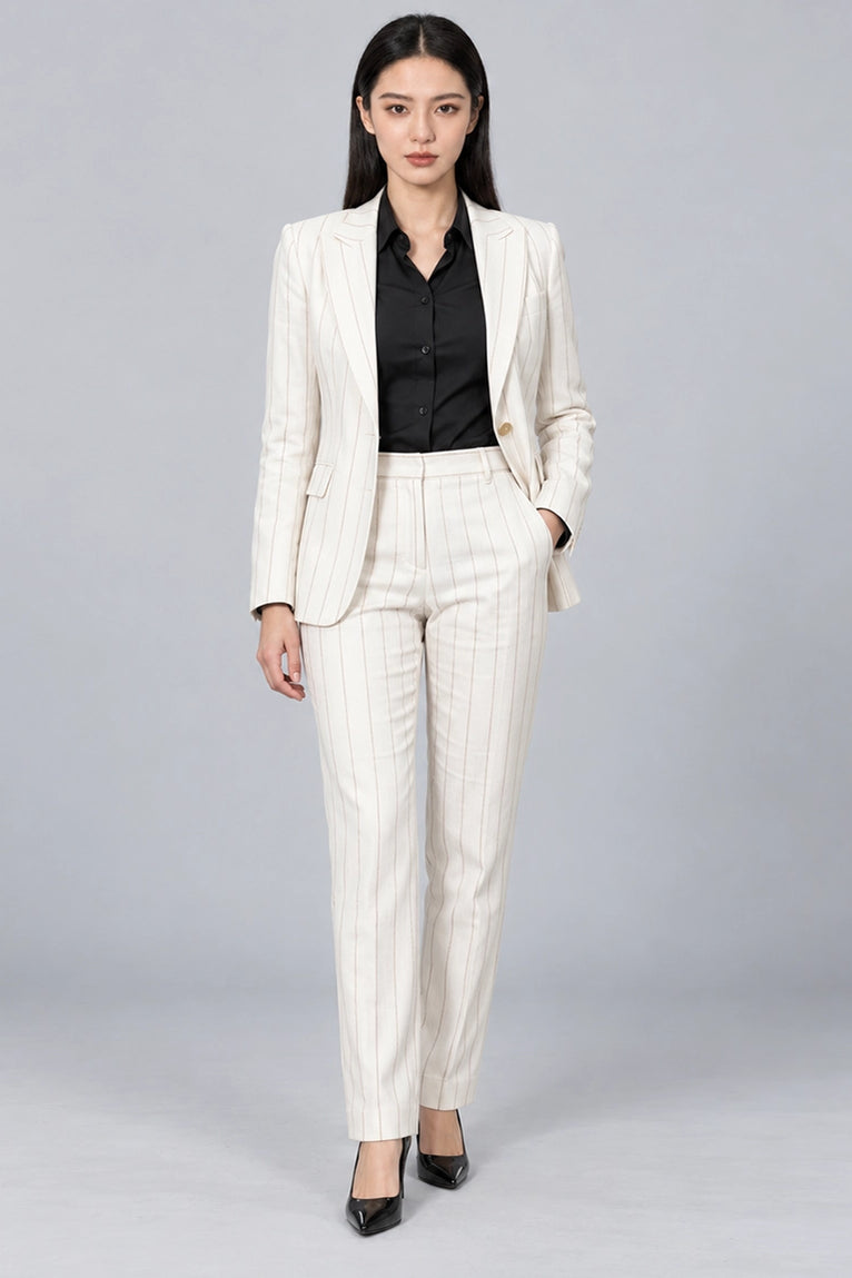 Women's Ivory Cotton Pinstripe 2 Piece Suit - Suit Heritage