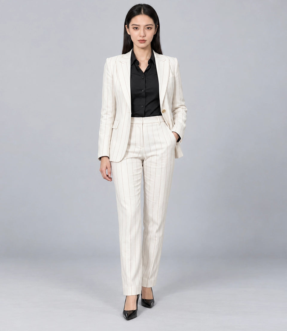 Women's Ivory Cotton Pinstripe 2 Piece Suit - Suit Heritage