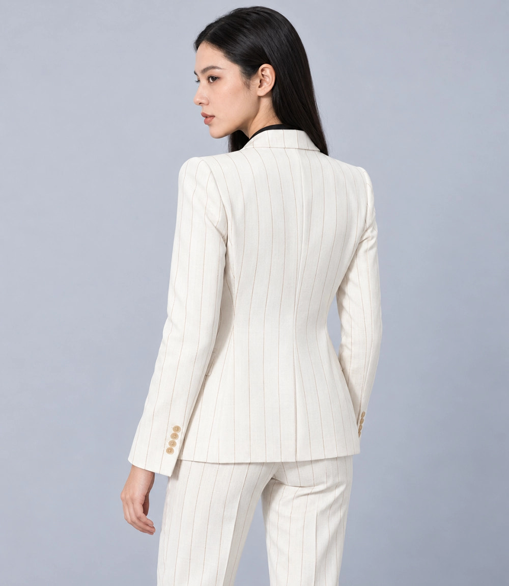 Women's Ivory Cotton Pinstripe 2 Piece Suit Back - Suit Heritage