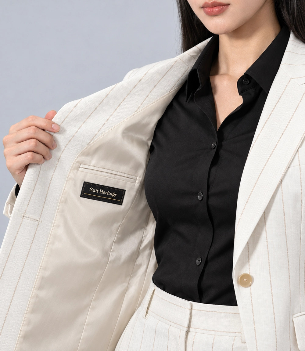 Women's Ivory Cotton Pinstripe 2 Piece Suit Inner - Suit Heritage