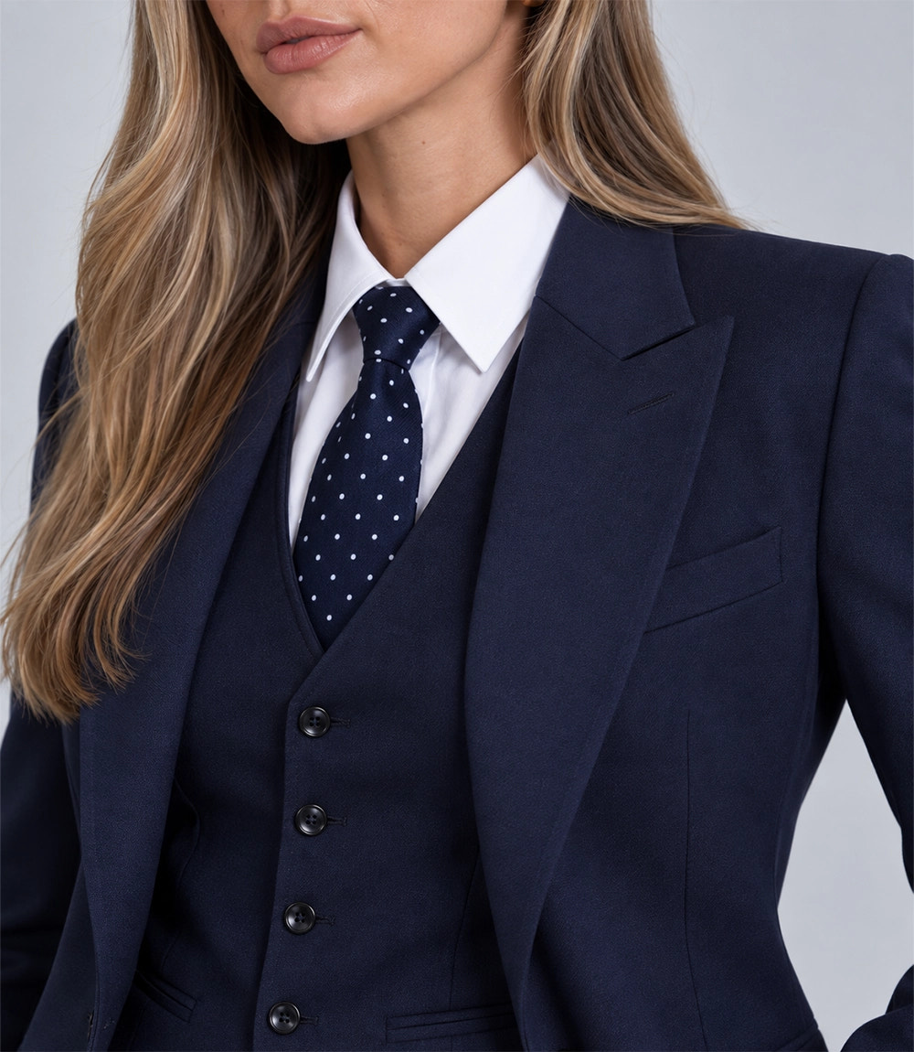 Women's Navy Blue 3 Piece Suit Closeup - Suit Heritage