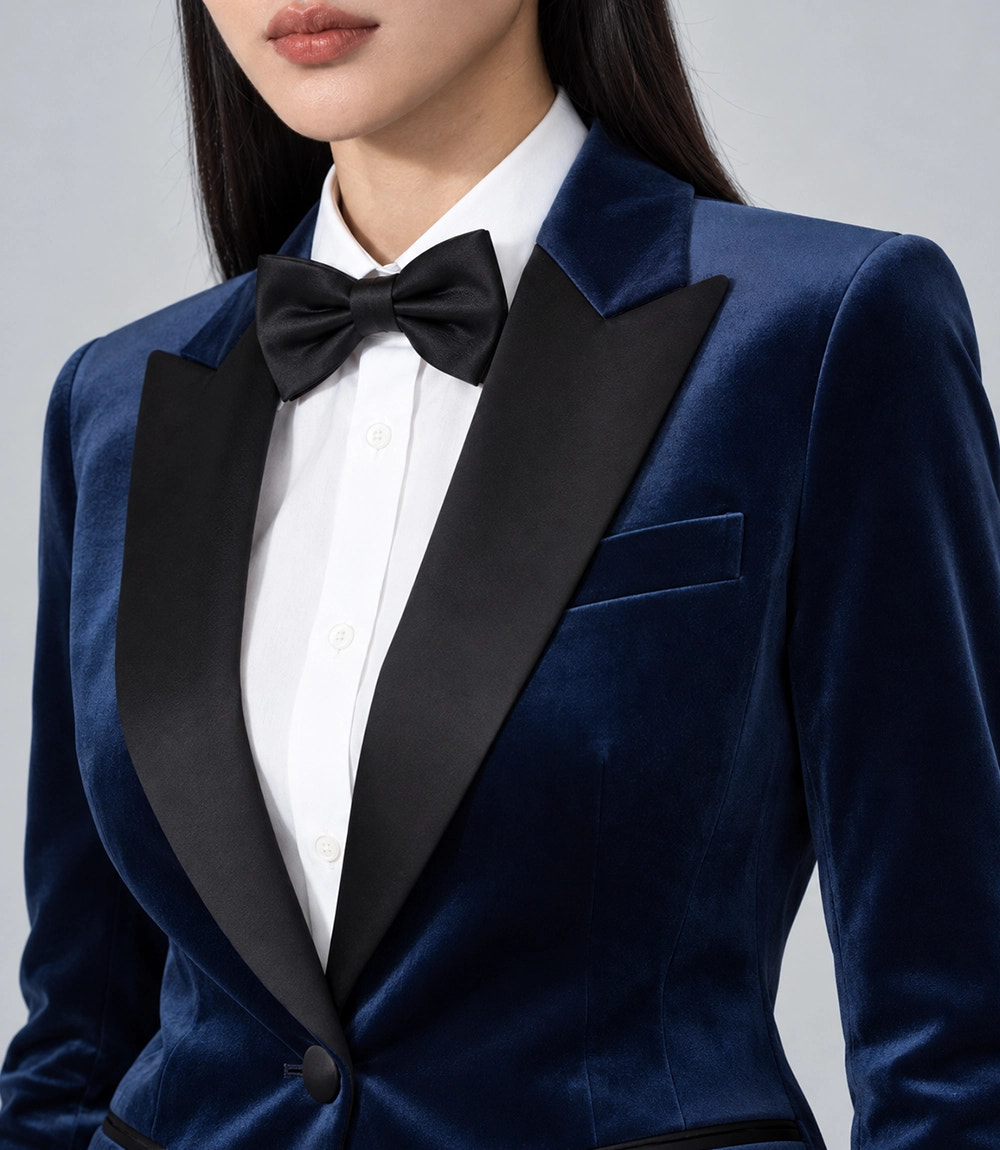 Women's Navy Velvet Tuxedo Closeup -  Suit Heritage