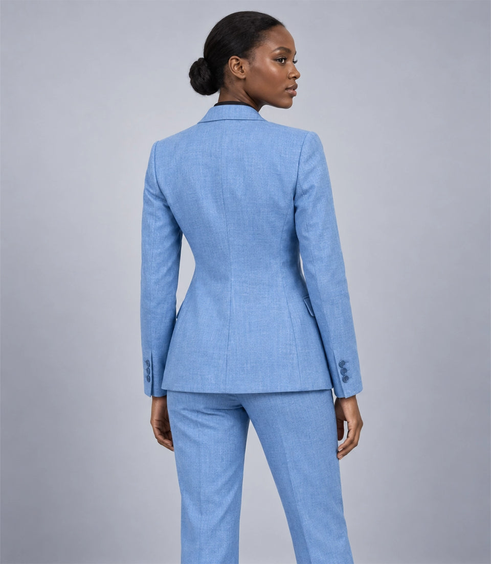 Women's Sky Blue Linen 2 Piece Suit Back - Suit Heritage
