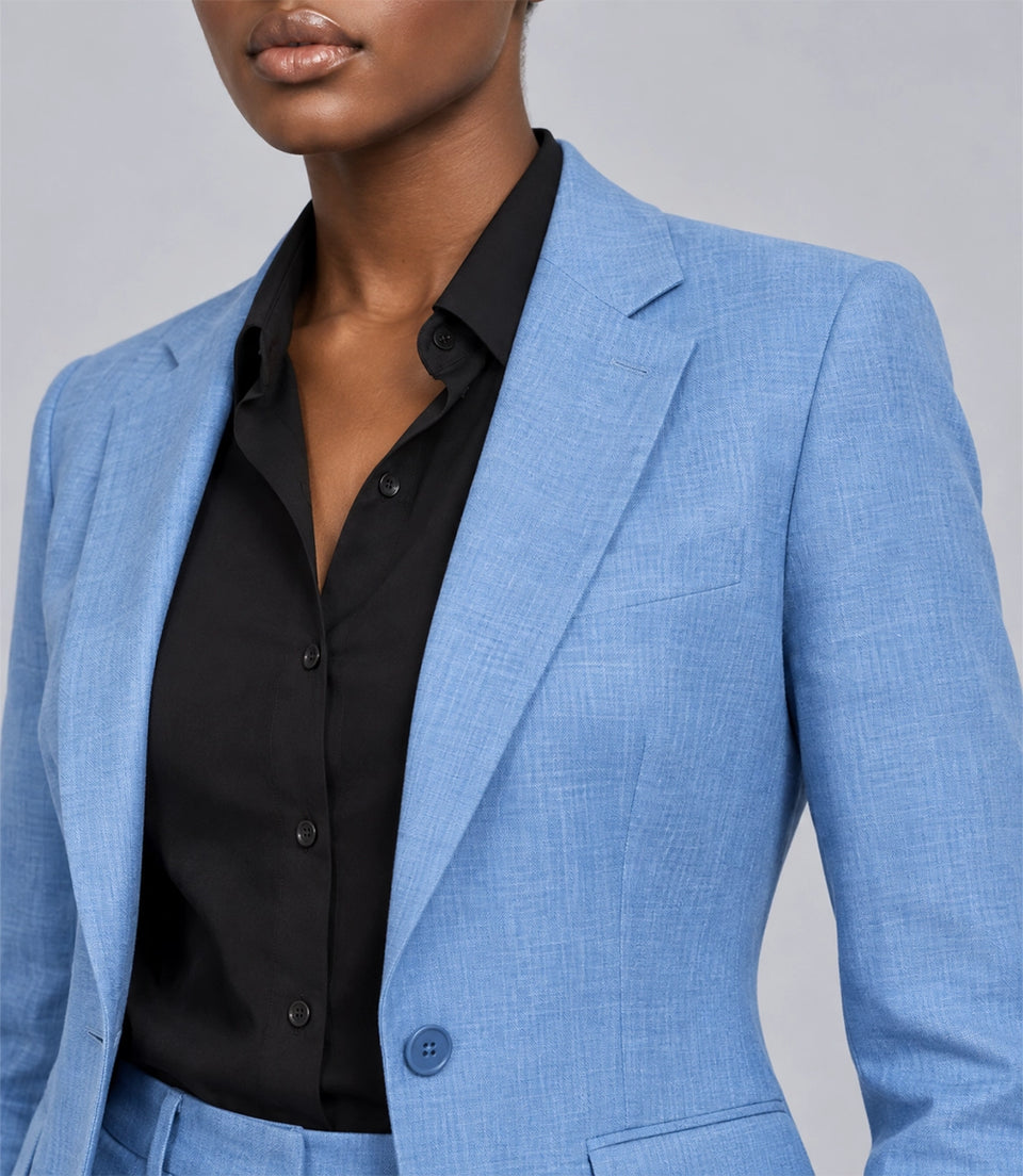 Women's Sky Blue Linen 2 Piece Suit Closeup - Suit Heritage