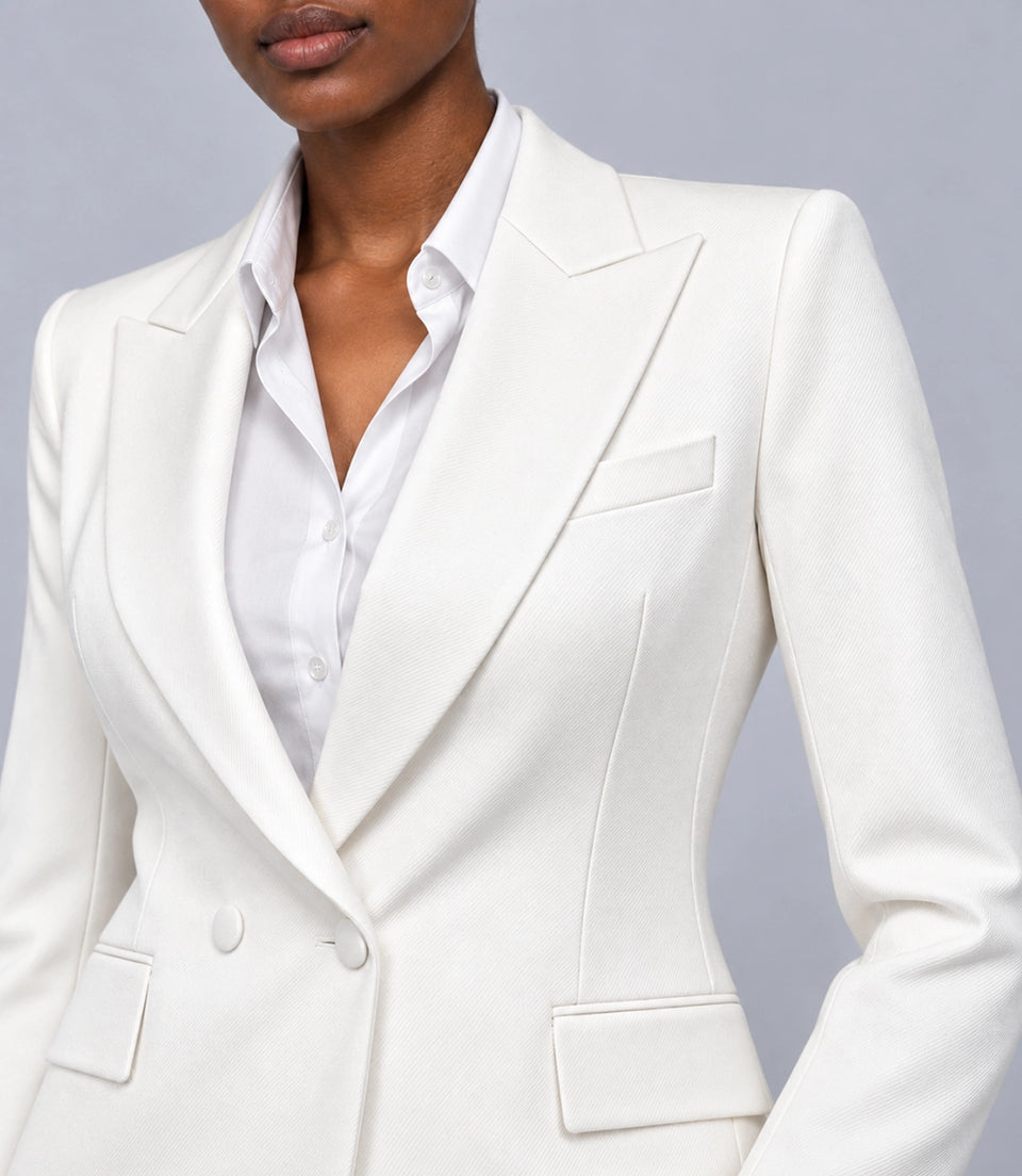 Women's White Peak Lapel Tuxedo Closeup -  Suit Heritage