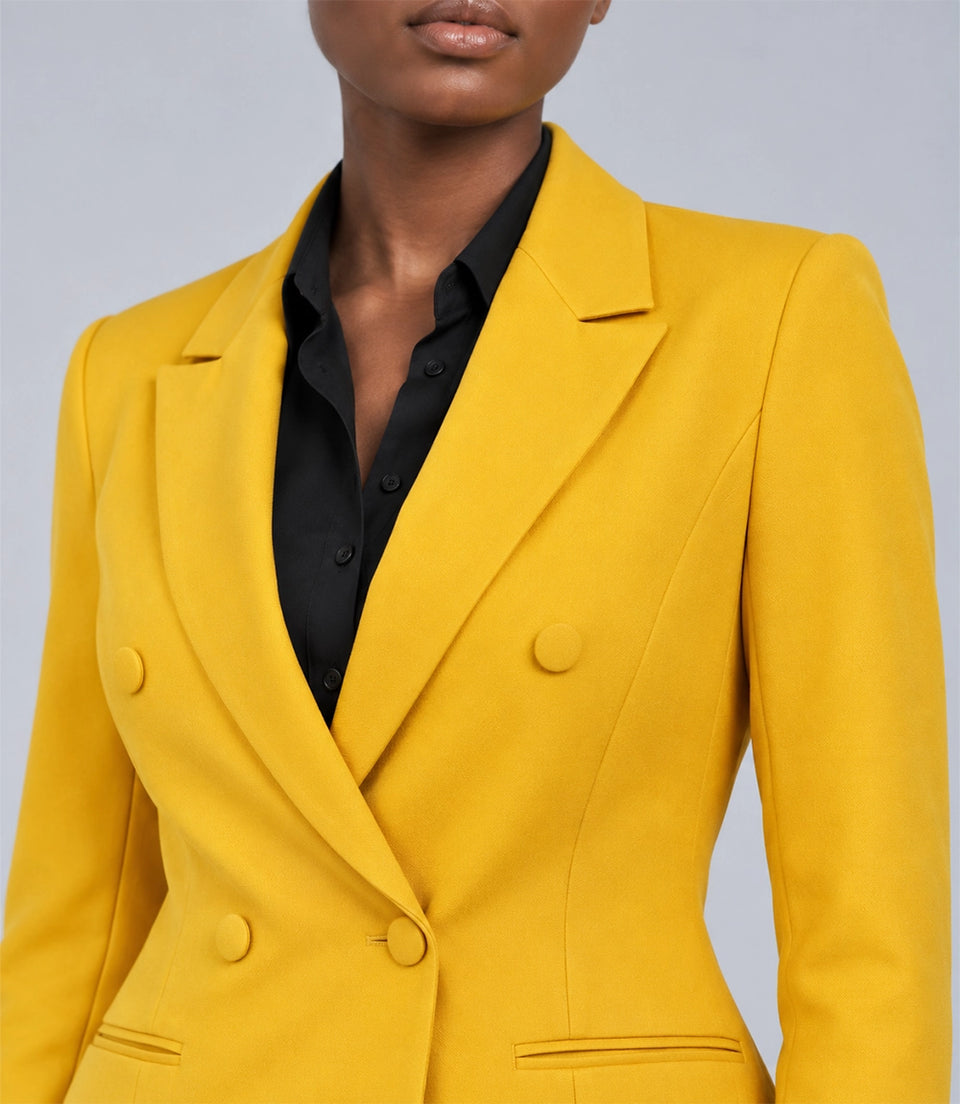 Women's Yellow Double Breasted Business 2 Piece Suit Closeup - Suit Heritage