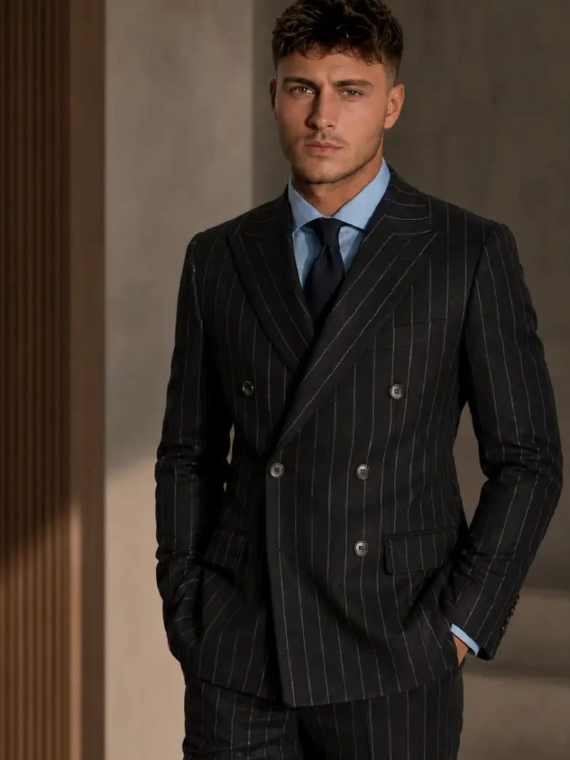Ashford Cotton Pinstripe Black Suit Model Image - Suit Heritage