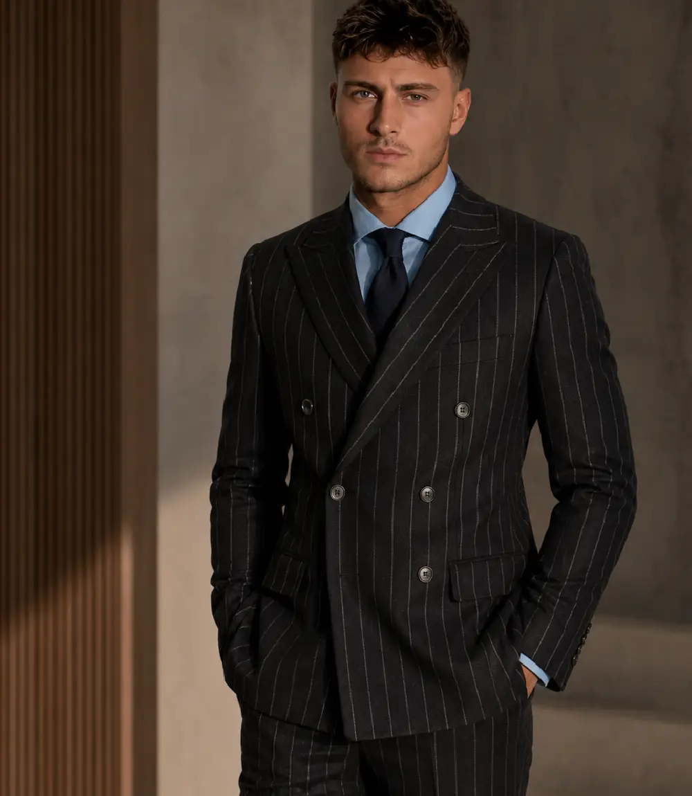 Ashford Cotton Pinstripe Black Suit Model Image - Suit Heritage