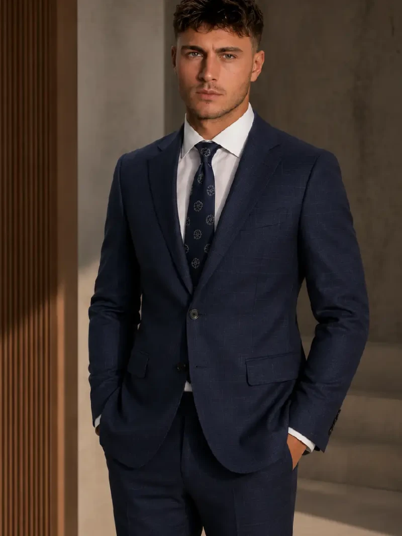 Ashford Cotton Plaid Dark Navy Suit Model Image