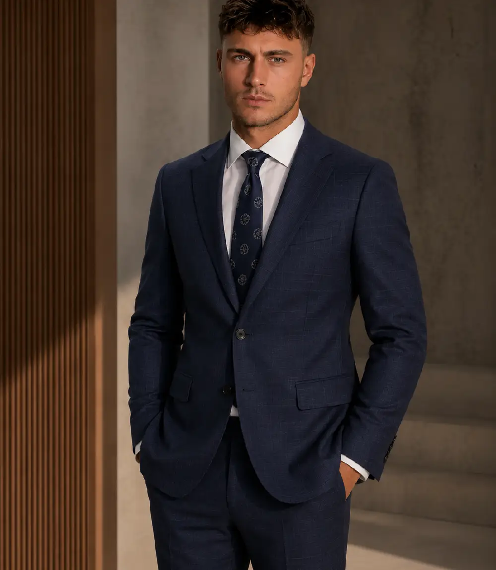 Ashford Cotton Plaid Dark Navy Suit Model Image