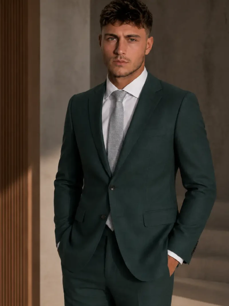 Ashford Cotton Textured Dark Green Suit Model Shoot
