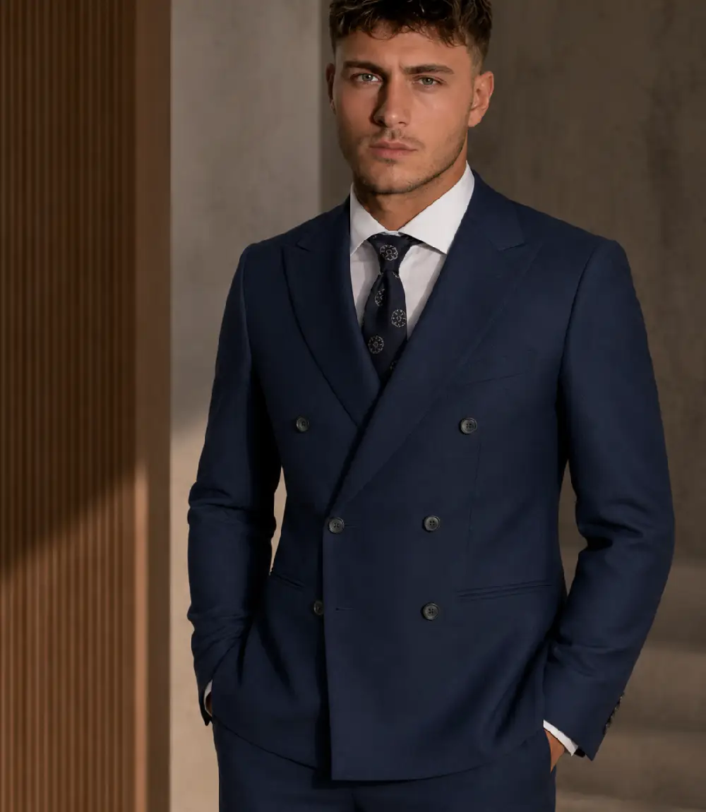 Brighton Cotton Navy Solid Double Breated Suit Model Brighton Cotton Navy Solid Double Breated Suit Model