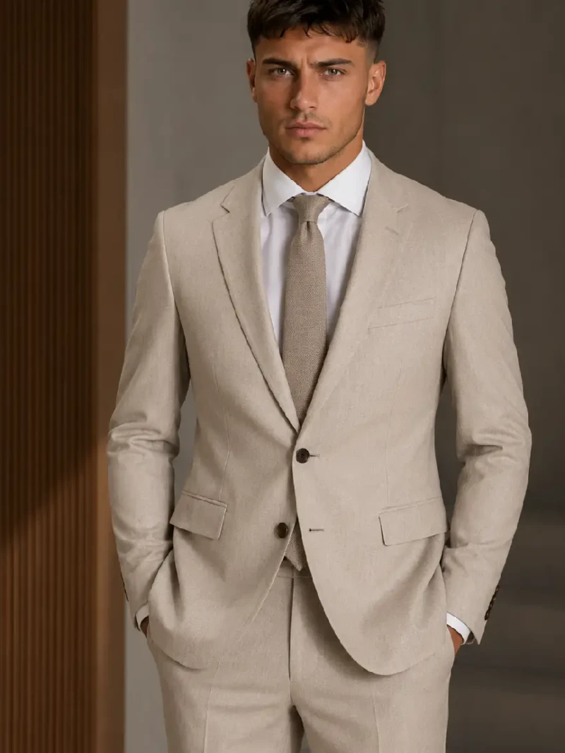 Brighton Solid Cotton Light Beige Suit Model