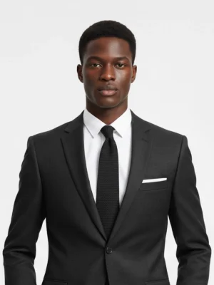 Men’s Solid Black Single Breasted Two Piece Suit Close up