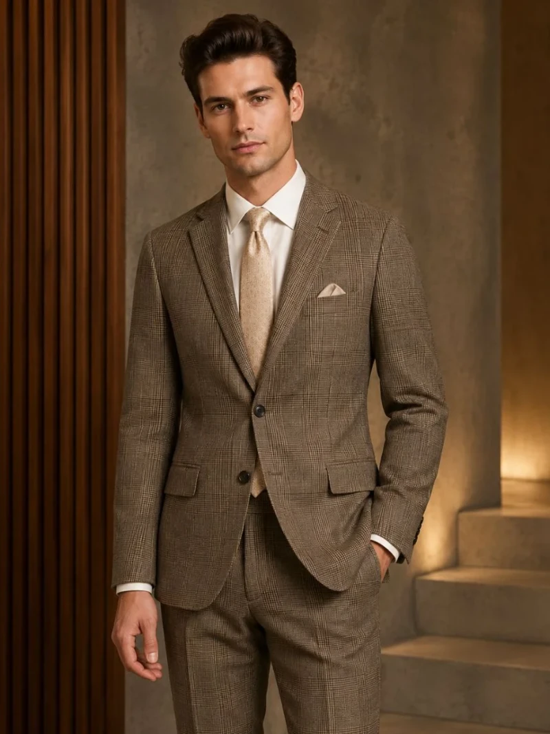 Harrington Wool Plaid Brown Suit Model